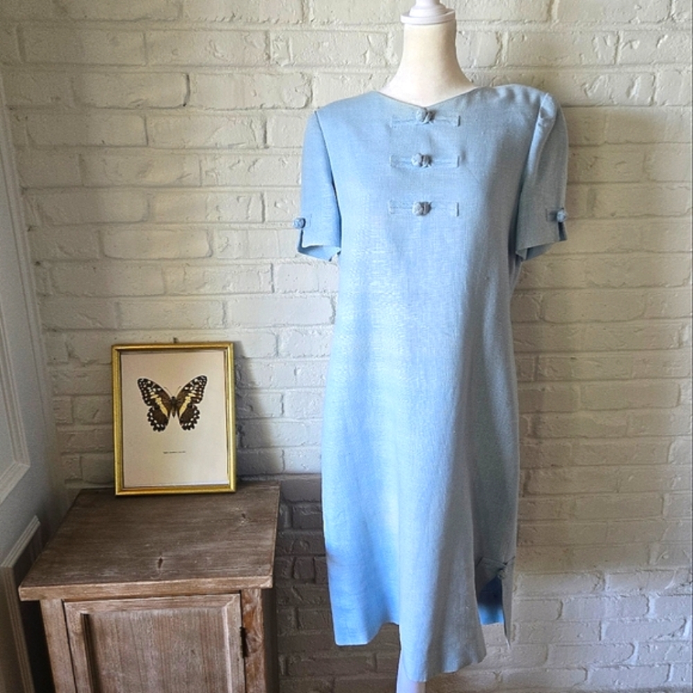 Vintage William Pearson Light Blue Shift Dress, Linen, 80s, Work, Casual - Picture 2 of 15